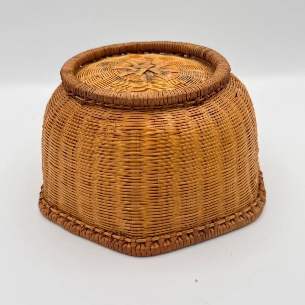 Vintage woven Wicker Basket Brown Boho Hexagonal Storage Decor Cottagecore